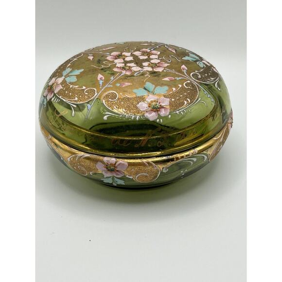Vintage French Green Hand Painted Gold Rim Dresser Vanity Trinket Box Signed - Picture 7 of 10